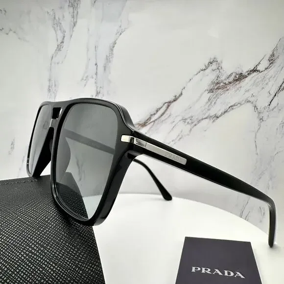NEW PRADA Sunglasses Black Aviator Pilot 55-17mm Grey Lens Silver Logo - Picture 4 of 16
